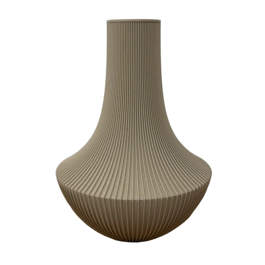 Lorenne 3D geprinte decoratieve vaas met slanke hals, ronde basis en fijne verticale ribbelstructuur, geschikt voor bloemen, droogbloemen of als woondecoratie.