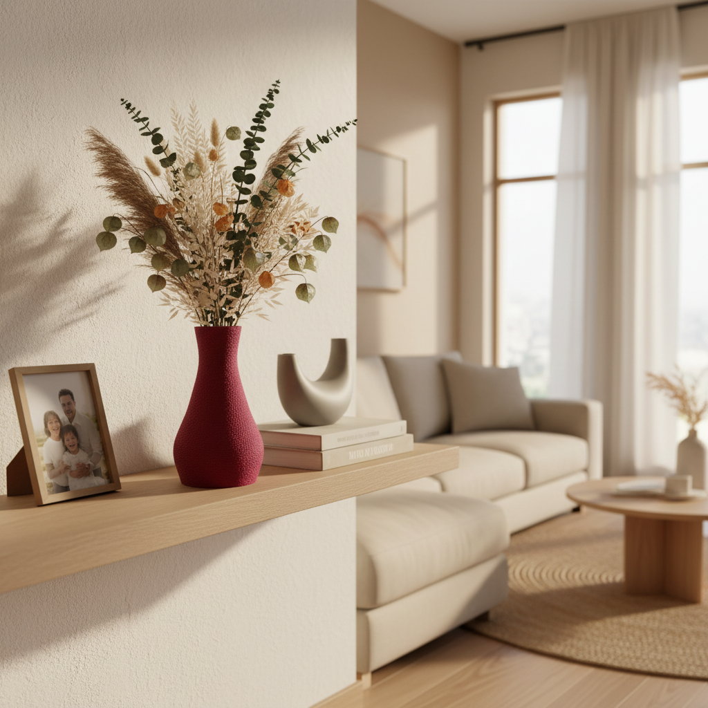 Mirelle 3D geprinte decoratieve vaas met een slanke hals en subtiele structuur, geschikt voor bloemen, droogbloemen of als woondecoratie.