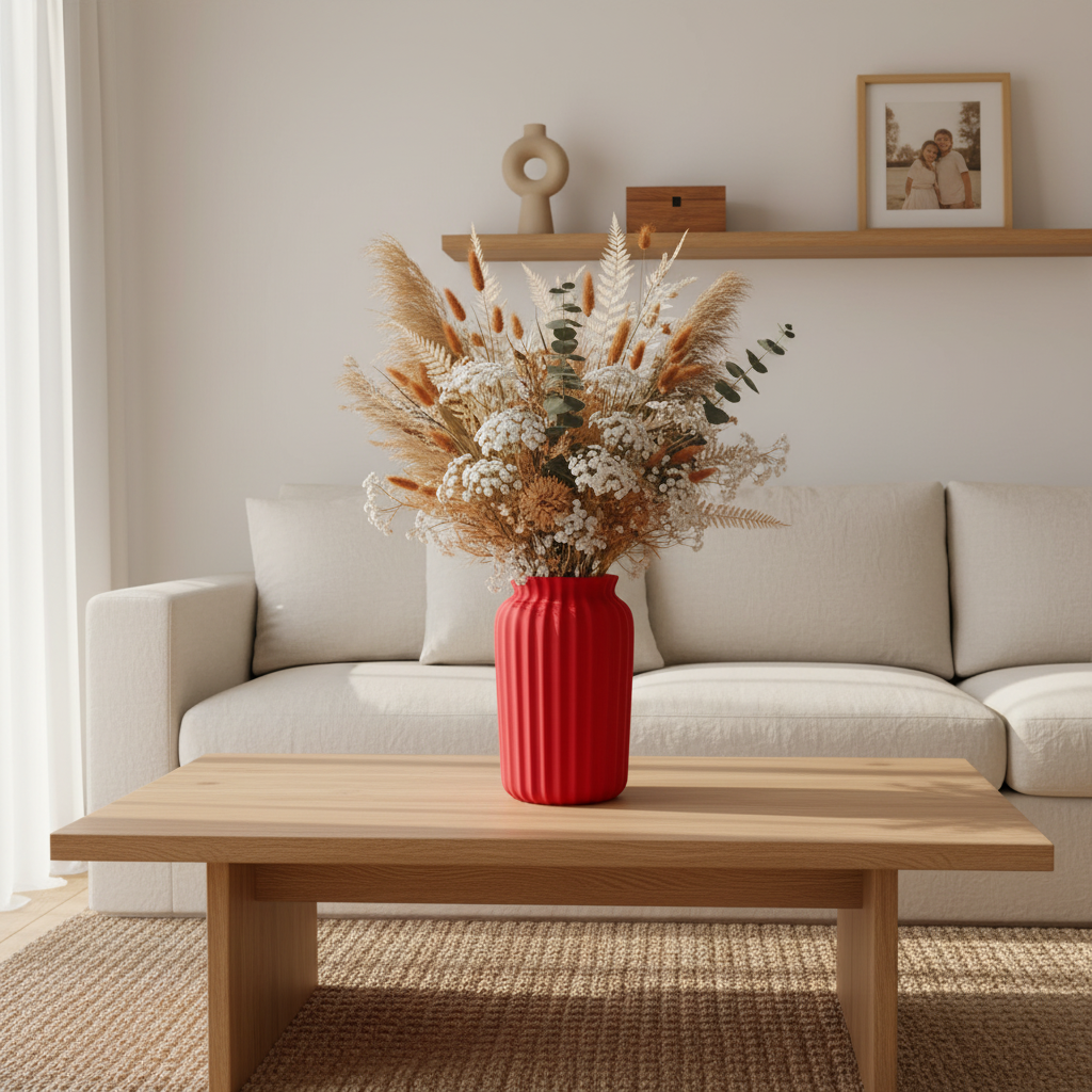 Ondine 3D geprinte decoratieve vaas met verticale ribbelstructuur en subtiel golvende rand, geschikt voor bloemen, droogbloemen of als woondecoratie.