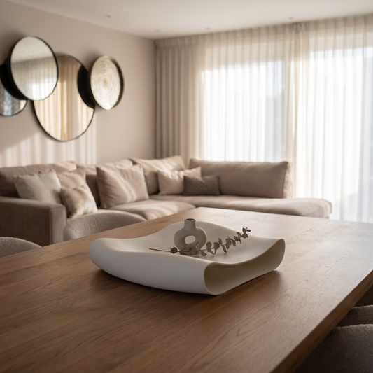 Organisch sculptuur dienblad gestyled als luxe woondecoratie op een eettafel