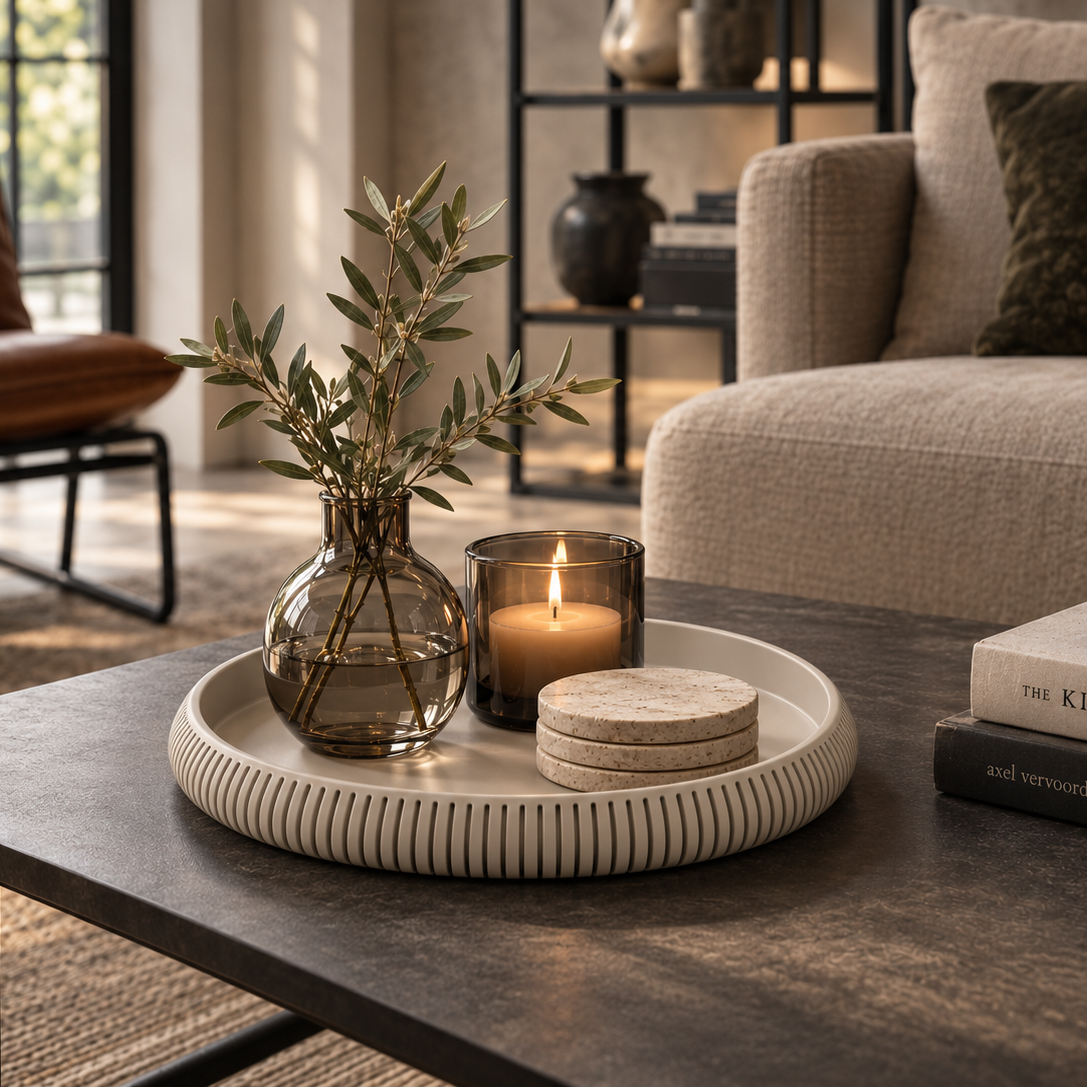 Rond ribbel designplateau met ribbelstructuur op een donkere salontafel in een industrieel chique woonkamer.