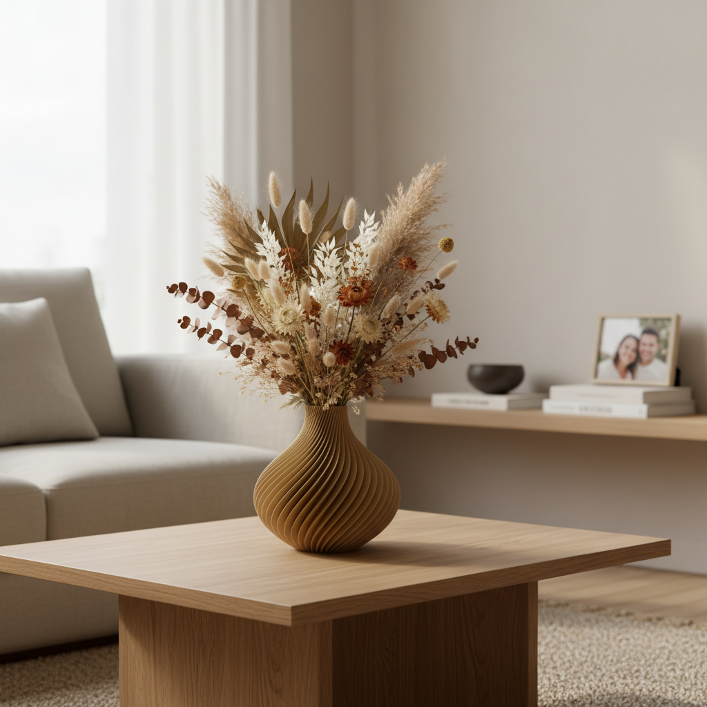 Solenne decoratieve vaas met gedraaide ribbelstructuur, geschikt voor bloemen, droogbloemen of als stijlvolle woondecoratie.