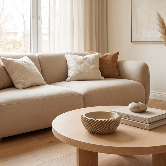 Spiraal reliëf designschaal als stijlvolle decoratie op een salontafel