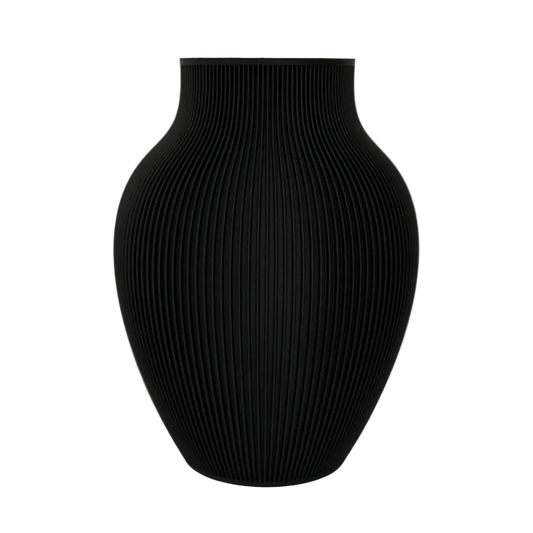 Valenne 3D geprinte decoratieve vaas met afgeronde vorm en fijne verticale ribbelstructuur, geschikt voor bloemen, droogbloemen of als woondecoratie.