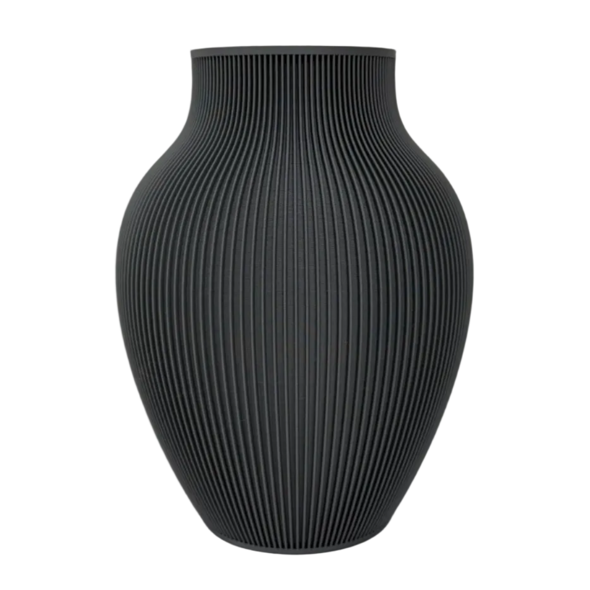 Valenne decoratieve vaas met afgeronde vorm en fijne verticale ribbelstructuur, geschikt voor bloemen, droogbloemen of als woondecoratie.