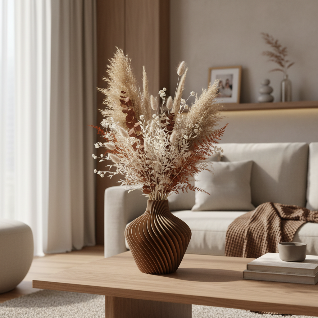Varenne decoratieve vaas met golvende ribbelstructuur, geschikt voor bloemen, droogbloemen of als stijlvolle woondecoratie.