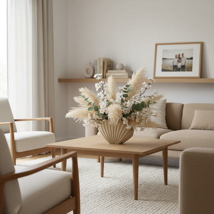Venelle decoratieve schelpvaas met sierlijke ribbelstructuur, geschikt voor bloemen, droogbloemen of als stijlvolle woondecoratie.